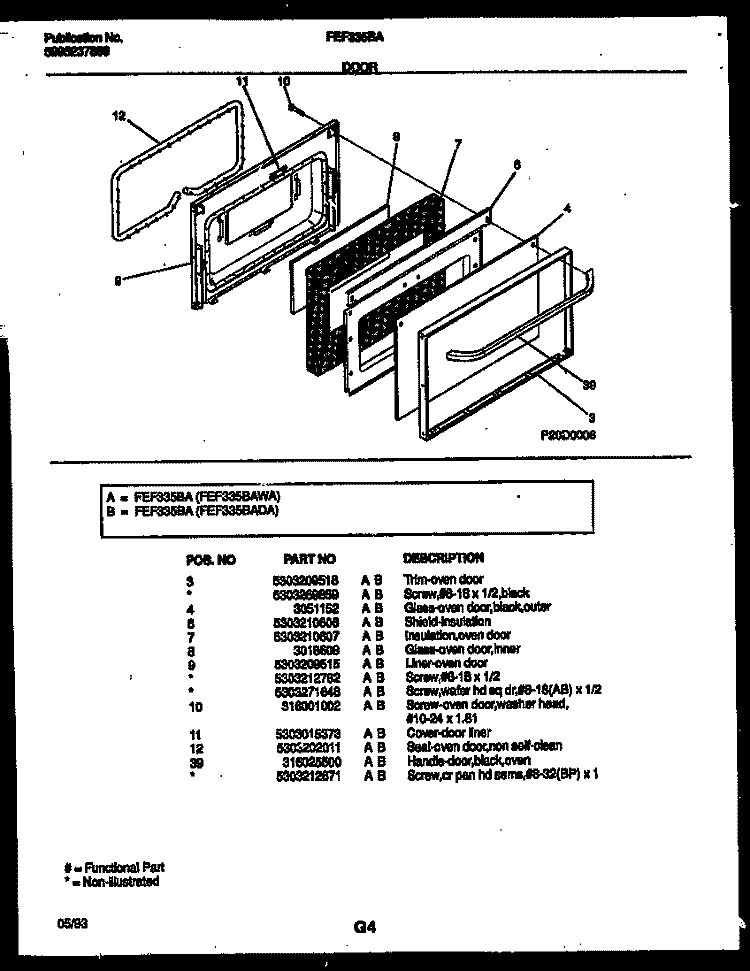 DOOR PARTS Diagram and Parts List for FEF335BAWA  Frigidaire Range