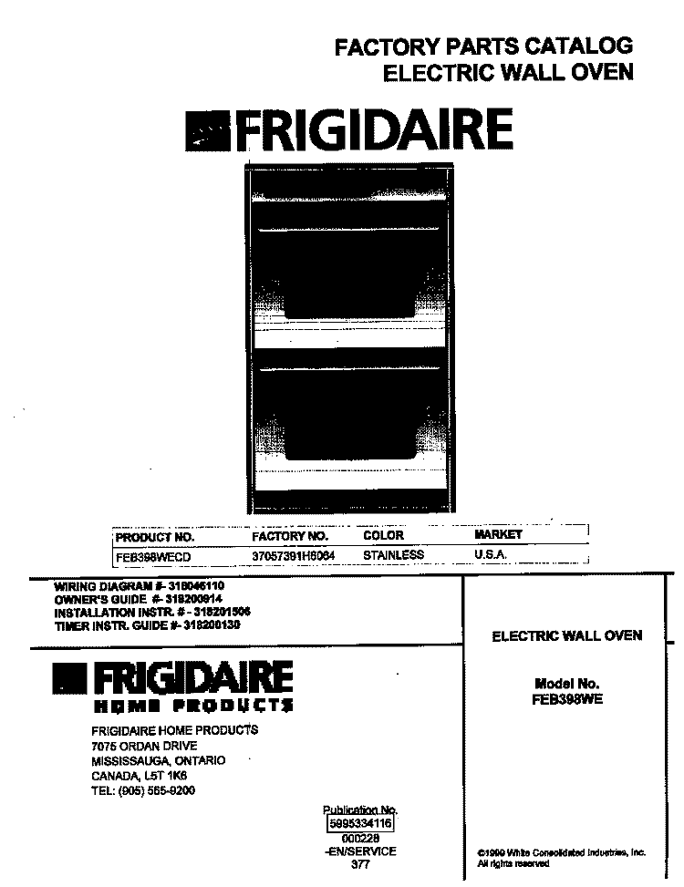 COVER Diagram and Parts List for FEB398WECD  Frigidaire Wall Oven