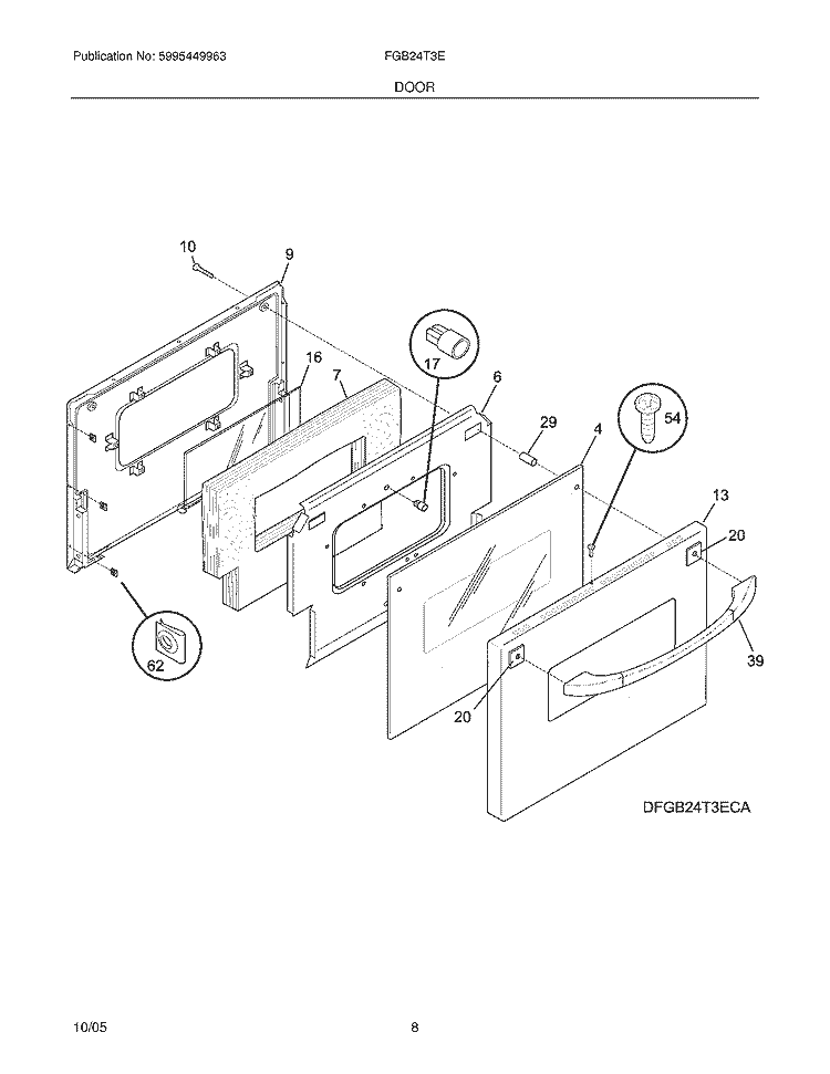 DOORS Diagram and Parts List for FGB24T3ECB  Frigidaire Wall Oven
