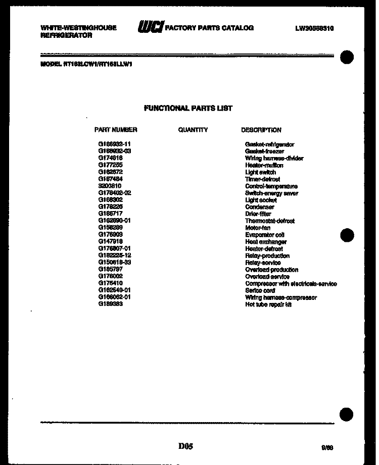 SYSTEM AND AUTOMATIC DEFROST PARTS Diagram and Parts List for RT164LCW0  Frigidaire Refrigerator