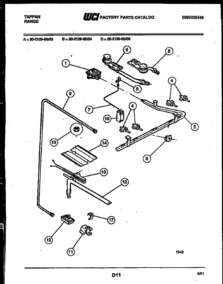 BURNER, MANIFOLD AND GAS CONTROL Diagram and Parts List for 30-2139-23-05  Tappan Range