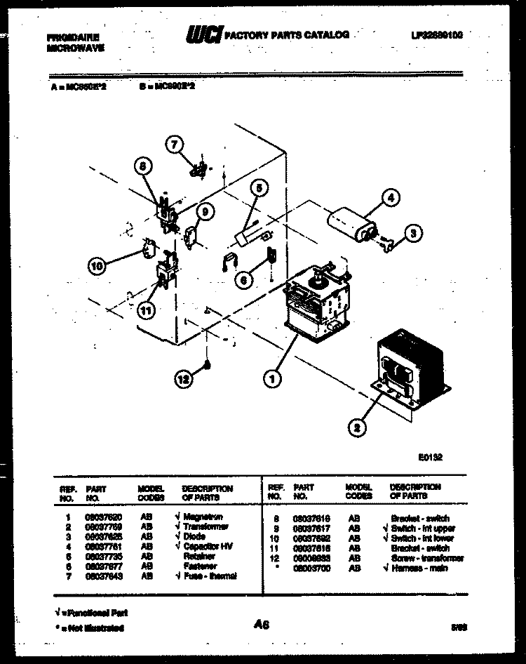 POWER CONTROL Diagram and Parts List for MC890E2  Frigidaire Microwave