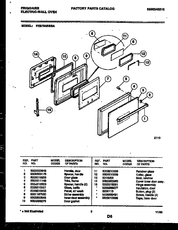 DOOR PARTS Diagram and Parts List for FEB754BBBA  Frigidaire Wall Oven