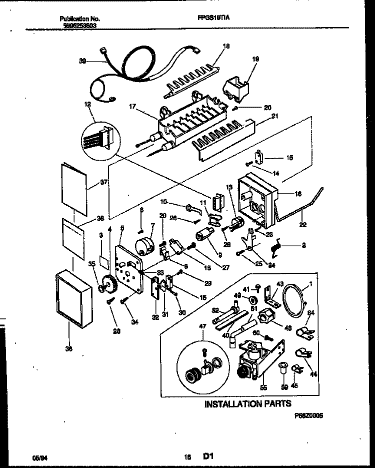 ICE MAKER AND INSTALLATION PARTS Diagram and Parts List for FPGS19TIAL1  Frigidaire Refrigerator