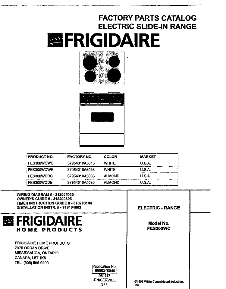 COVER Diagram and Parts List for FES300WCDC  Frigidaire Range