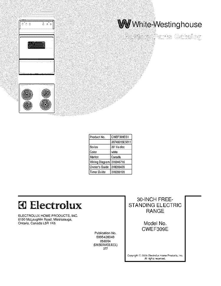 COVER Diagram and Parts List for CWEF309ES1  Westinghouse Range
