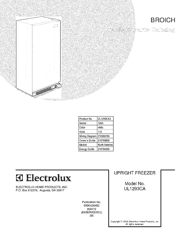 COVER Diagram and Parts List for UL1293CA3  Electrolux Freezer