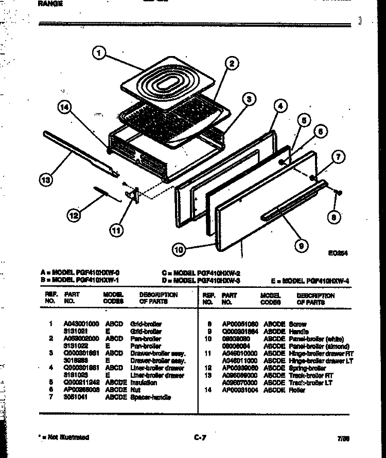 BROILER DRAWER PARTS Diagram and Parts List for PGF410HXW2  Frigidaire Range
