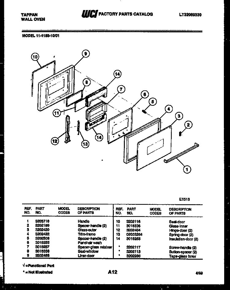 DOOR PARTS Diagram and Parts List for 11-1159-00-01  Tappan Wall Oven
