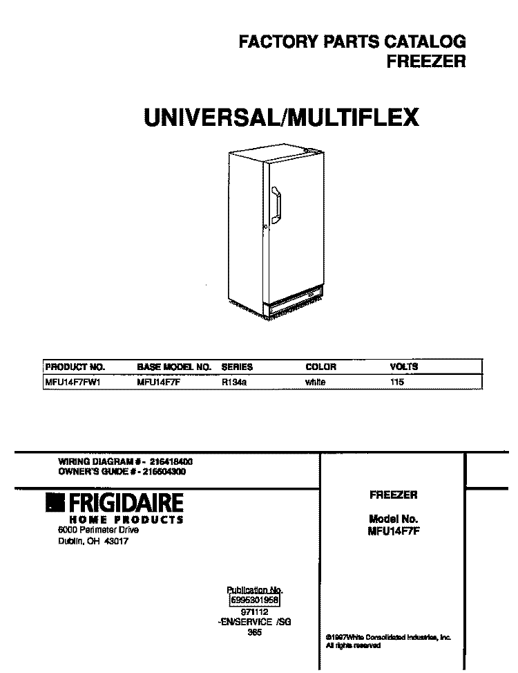 COVER Diagram and Parts List for MFU14F7FW1  Frigidaire Freezer