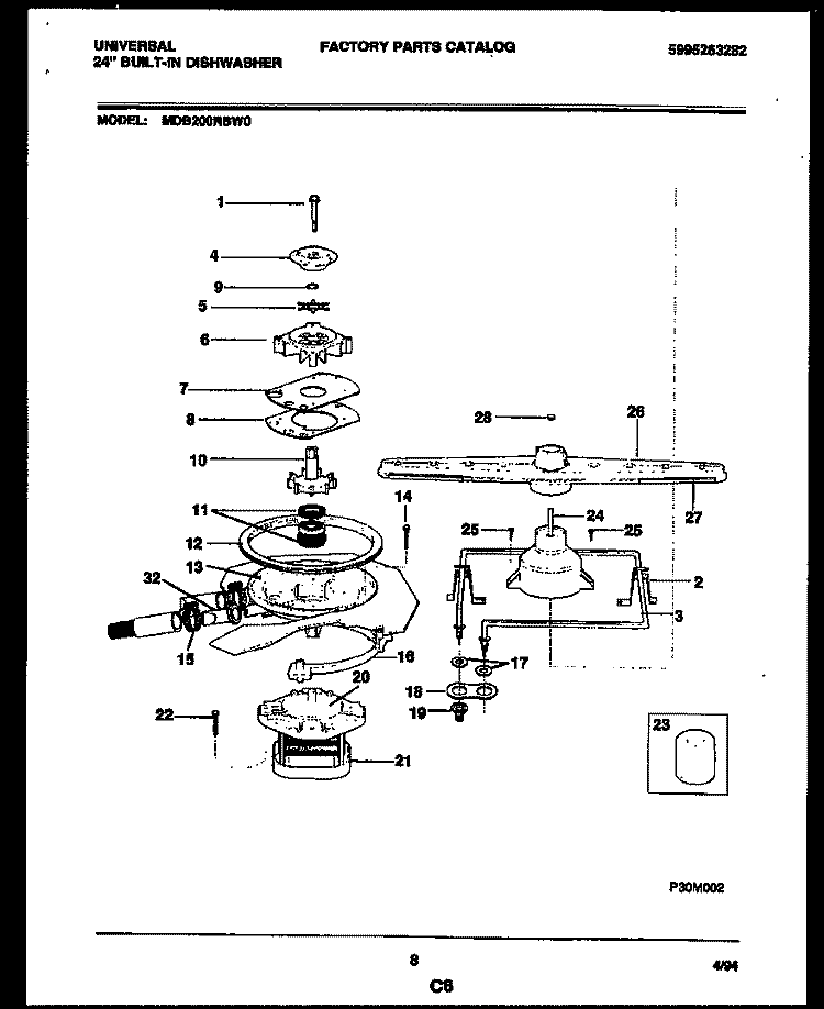 MOTOR PUMP PARTS Diagram and Parts List for MDB200RBW0  Frigidaire Dishwasher