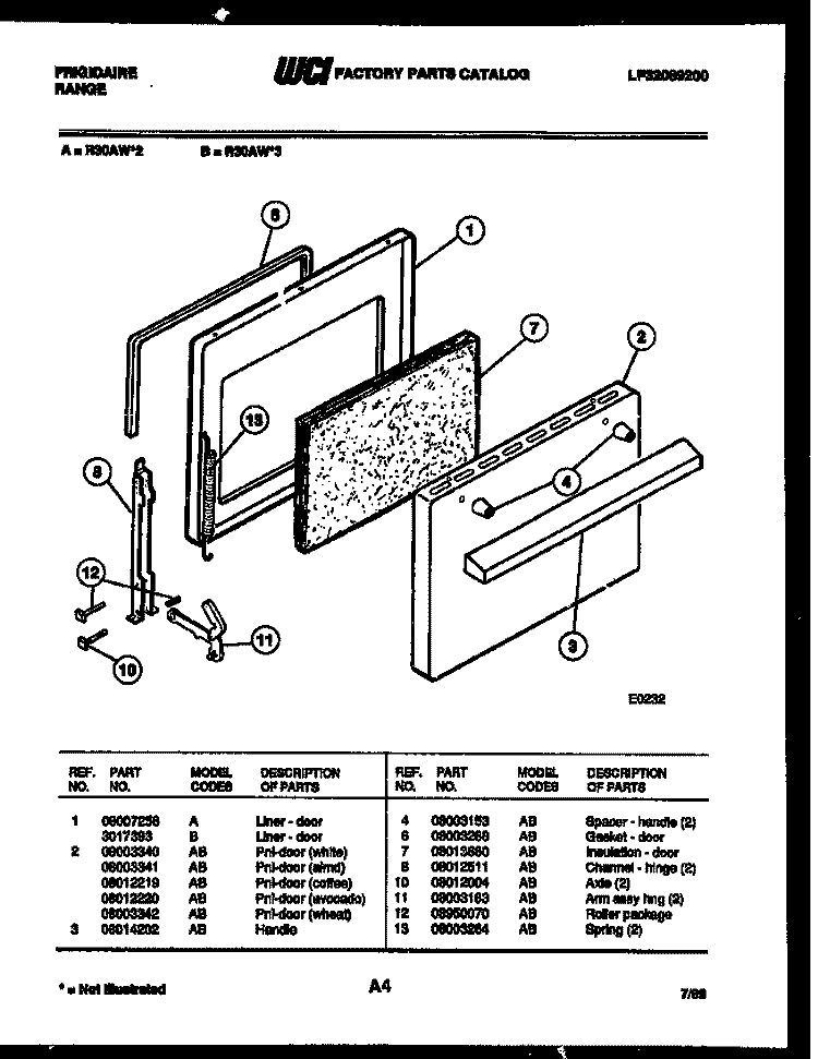 DOOR PARTS Diagram and Parts List for R30AF2  Frigidaire Range
