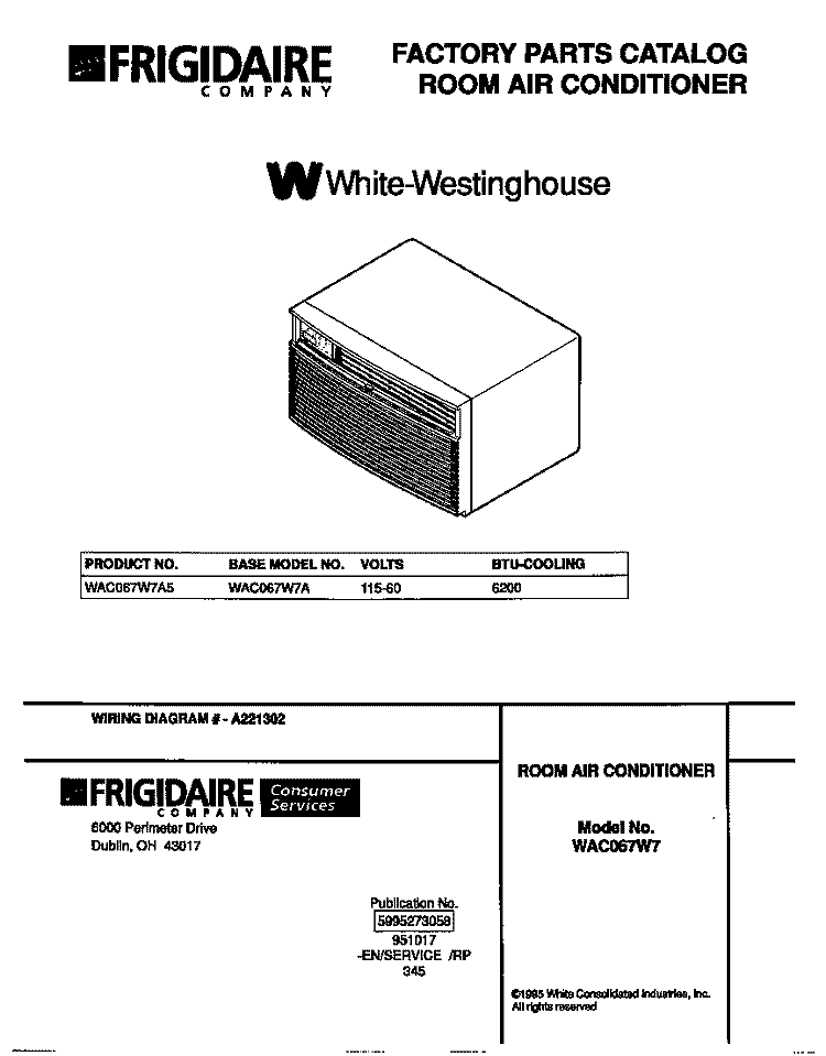 COVER Diagram and Parts List for WAC067W7A5  Frigidaire Air Conditioner