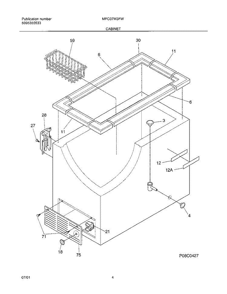 CABINET Diagram and Parts List for MFC07M3FW4  Frigidaire Freezer
