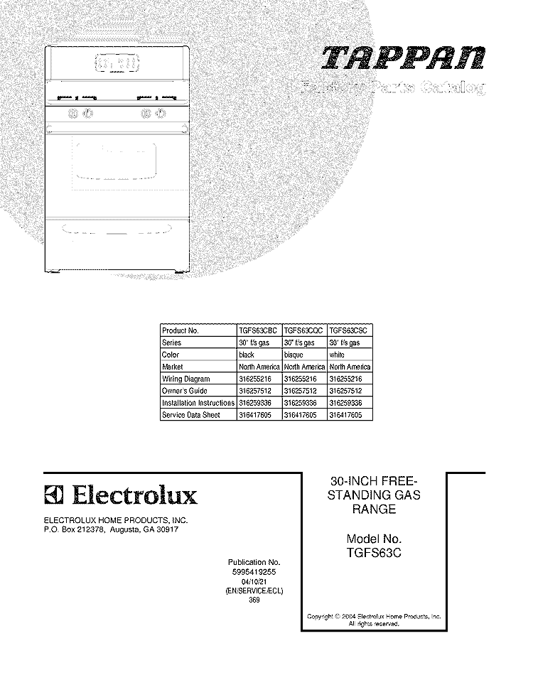 COVER Diagram and Parts List for TGFS63CBC  Tappan Range