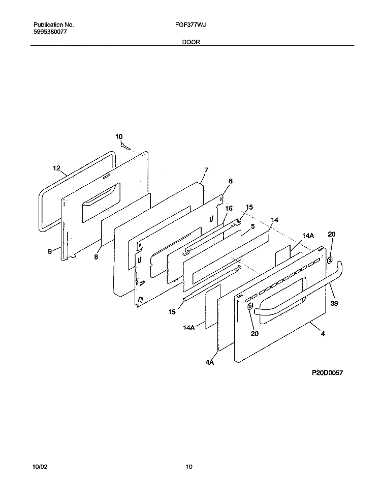 DOOR Diagram and Parts List for FGF377WJCB  Frigidaire Range
