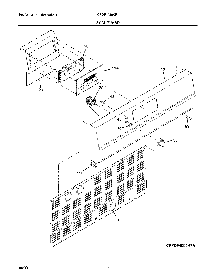 BACKGUARD Diagram and Parts List for CPDF4085KF1  Frigidaire Range