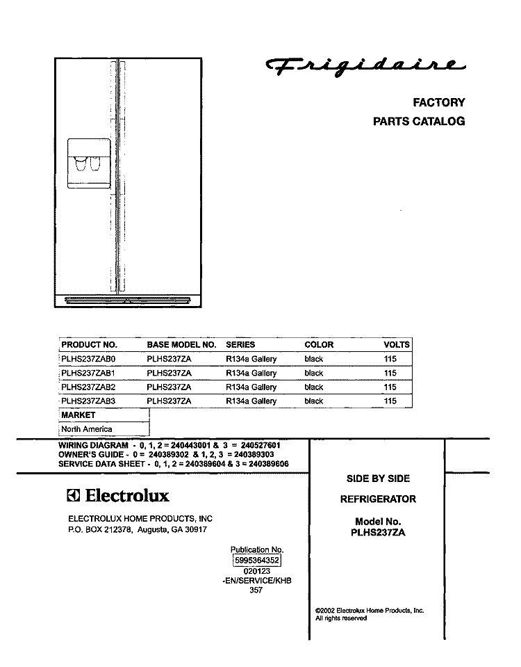 COVER Diagram and Parts List for PLHS237ZAB0  Frigidaire Refrigerator
