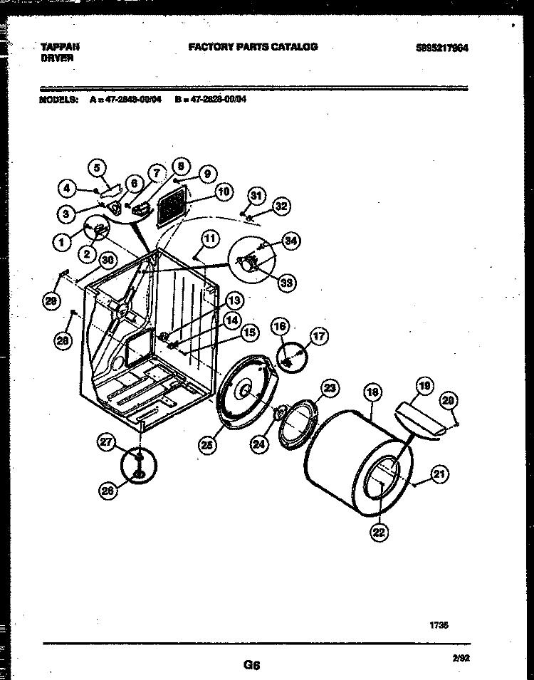 CABINET AND COMPONENT PARTS Diagram and Parts List for 47-2848-00-04  Tappan Dryer