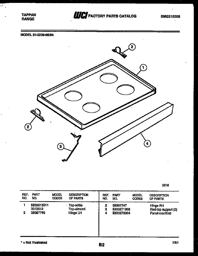 COOKTOP PARTS Diagram and Parts List for 31-2239-00-04  Tappan Range