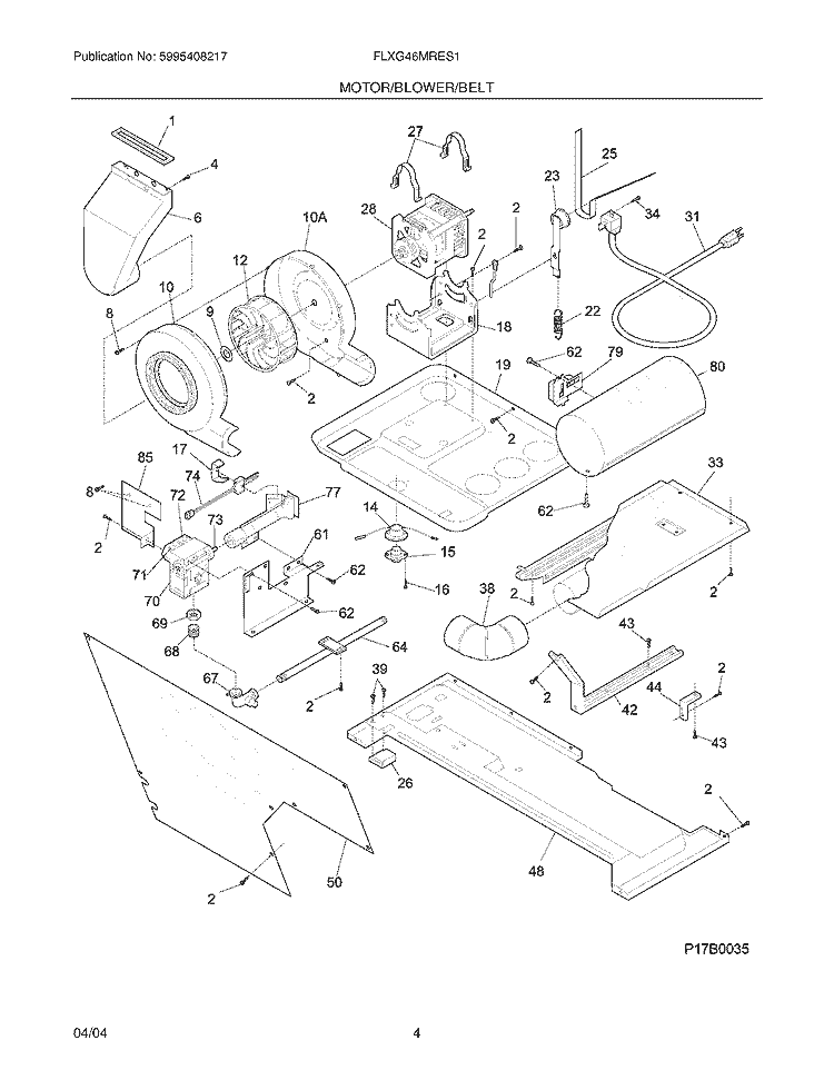 MOTOR / BLOWER / BELT Diagram and Parts List for FLXG46MRES1  Frigidaire Washer Dryer Combo