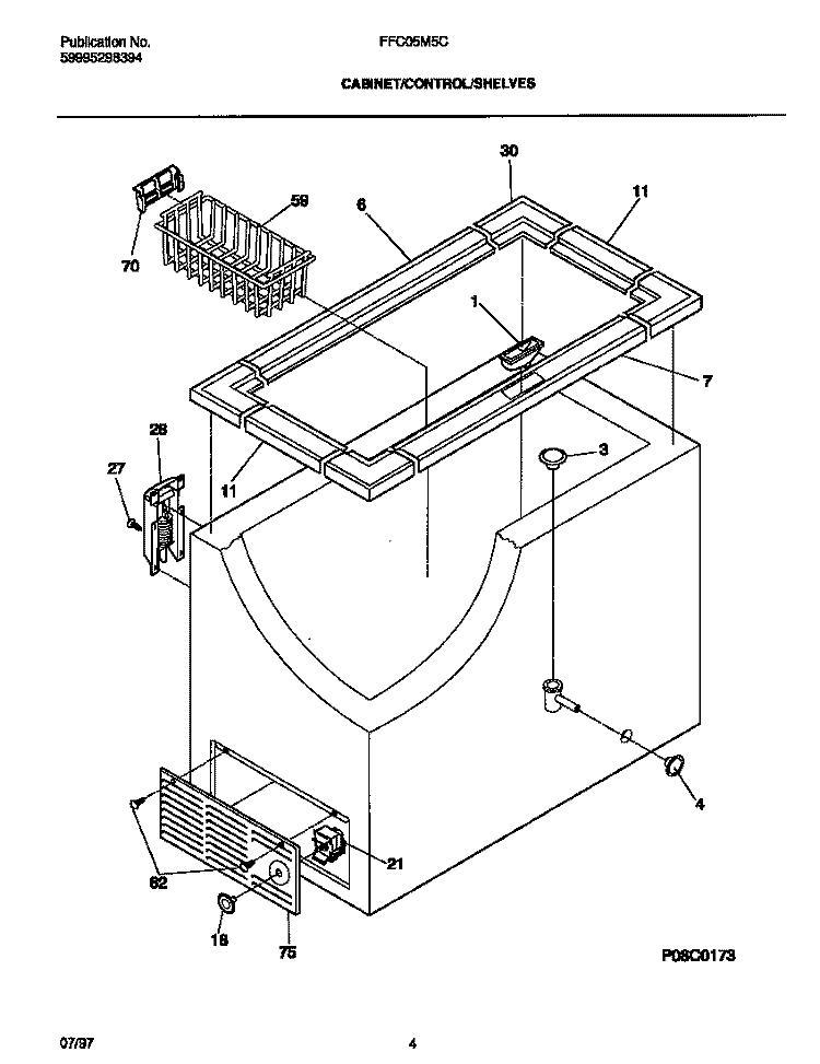 CABINET / CONTROL / SHELVES Diagram and Parts List for FFC05M5CW3  Frigidaire Freezer