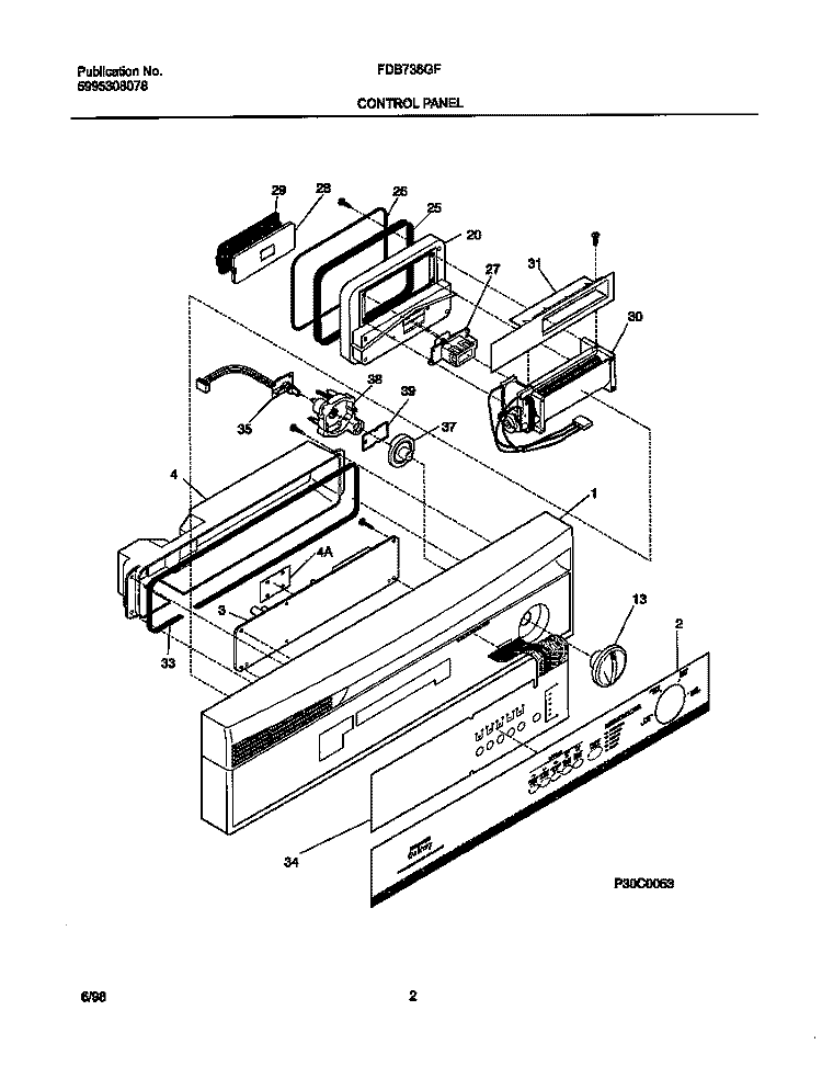 CONTROL PANEL Diagram and Parts List for FDB736GFR4  Frigidaire Dishwasher