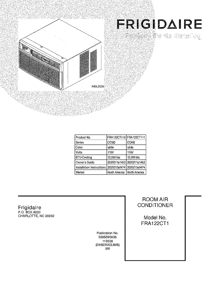 COVER Diagram and Parts List for FRA122CT111  Frigidaire Air Conditioner