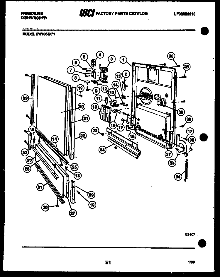 DOOR PARTS Diagram and Parts List for DW1805KF1  Frigidaire Dishwasher