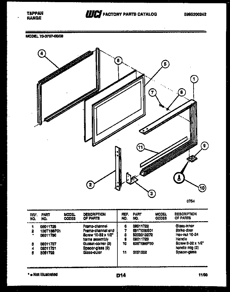 UPPER OVEN DOOR PARTS Diagram and Parts List for 73-3757-23-08  Tappan Range