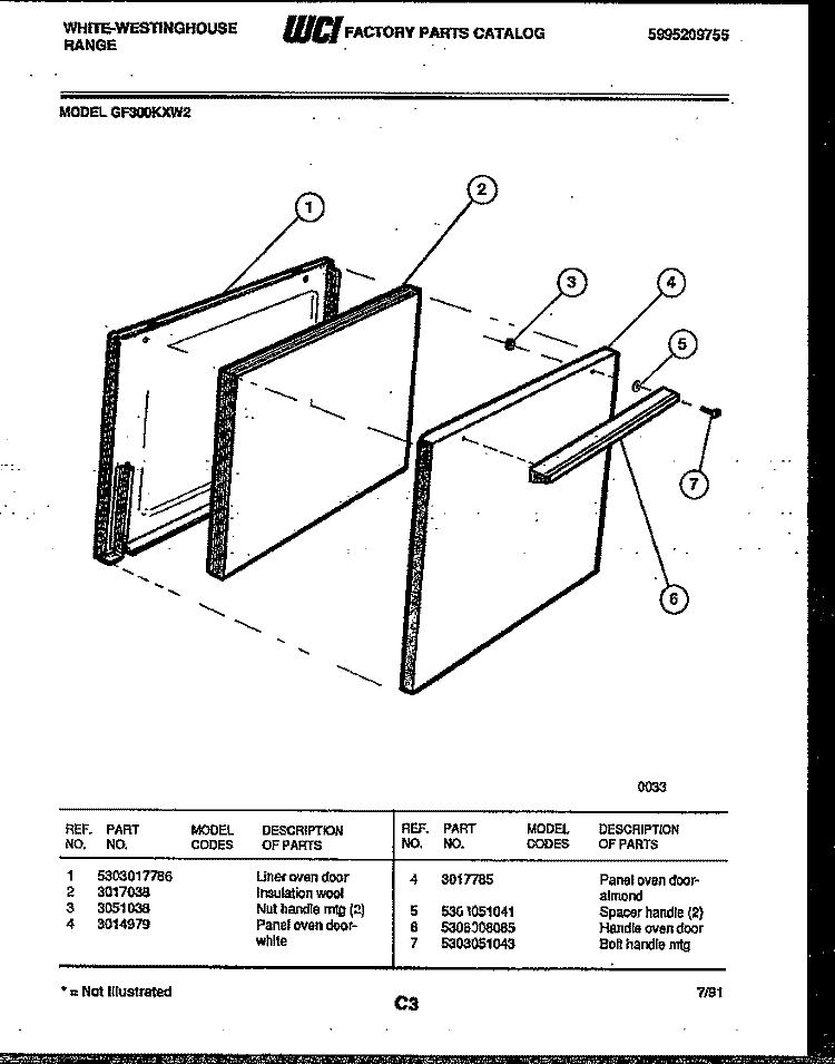 DOOR PARTS Diagram and Parts List for GF300KXD2  Frigidaire Range