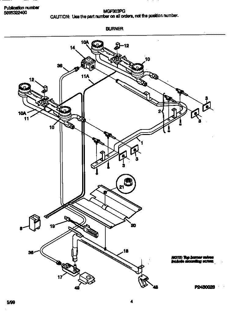 BURNER Diagram and Parts List for MGF303PGDD  Frigidaire Range