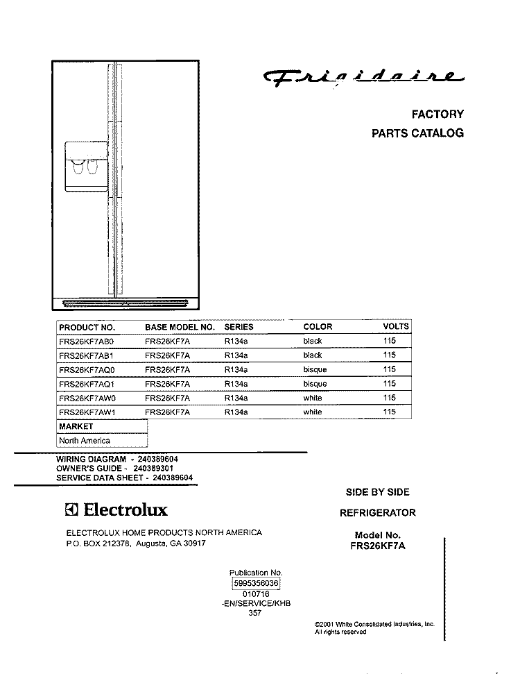 COVER Diagram and Parts List for FRS26KF7AB0  Frigidaire Refrigerator