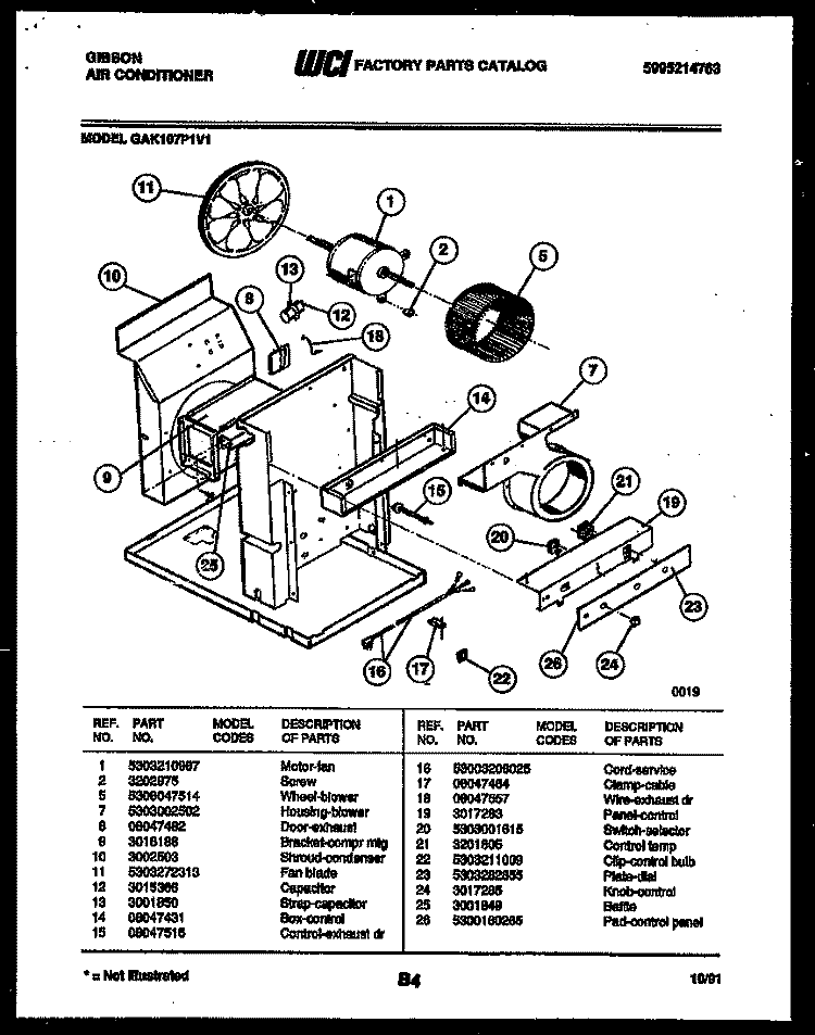 ELECTRICAL AND AIR HANDLING PARTS Diagram and Parts List for GAK107P1V1  Gibson Air Conditioner