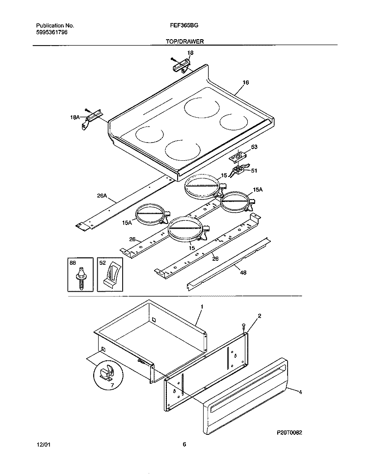 TOP / DRAWER Diagram and Parts List for FEF365BGWE  Frigidaire Range
