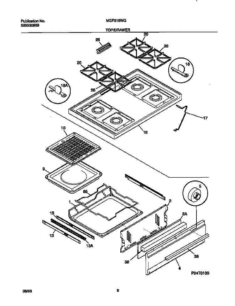 TOP / DRAWER Diagram and Parts List for MGF316WGSA  Frigidaire Range