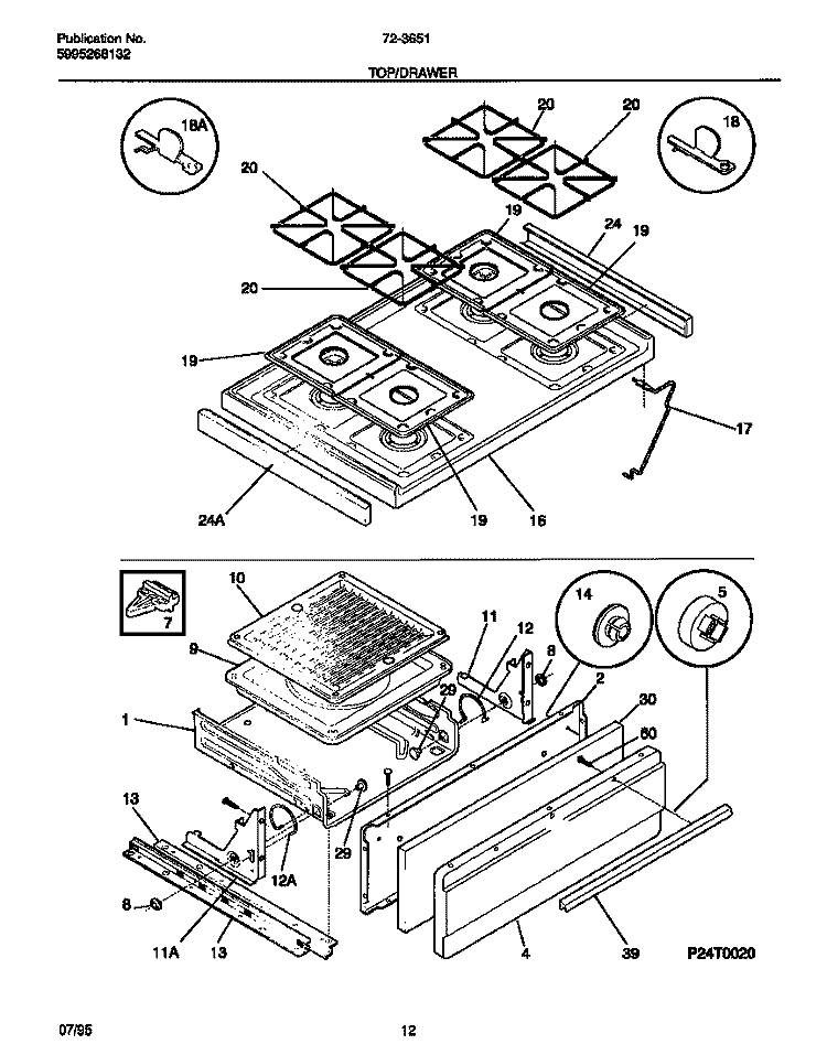TOP / DRAWER Diagram and Parts List for 72-3651-23-07  Tappan Range