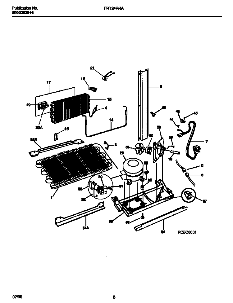 COMPRESSOR, CONDENSER, EVAPORATOR Diagram and Parts List for FRT24PRAW2  Frigidaire Refrigerator