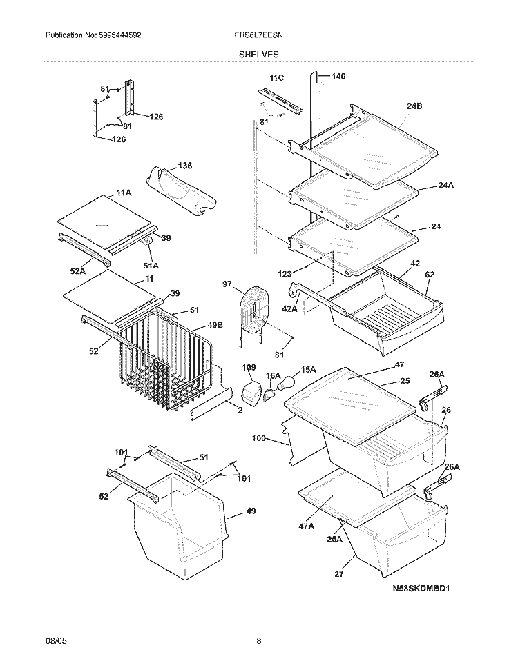 SHELVES Diagram and Parts List for FRS6L7EESN  Frigidaire Refrigerator