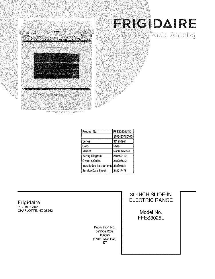 COVER Diagram and Parts List for FFES3025LWC  Frigidaire Wall Oven