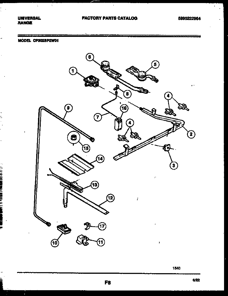 BURNER, MANIFOLD AND GAS CONTROL Diagram and Parts List for CP302BP2Y1  Frigidaire Range