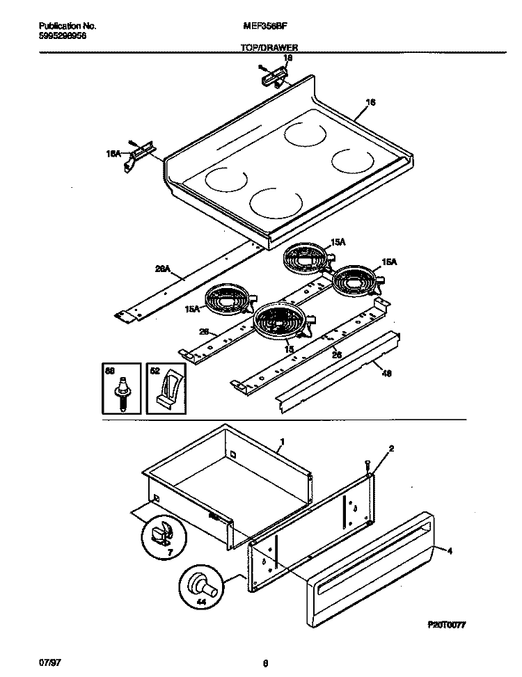 TOP / DRAWER Diagram and Parts List for MEF356BFWB  Frigidaire Range