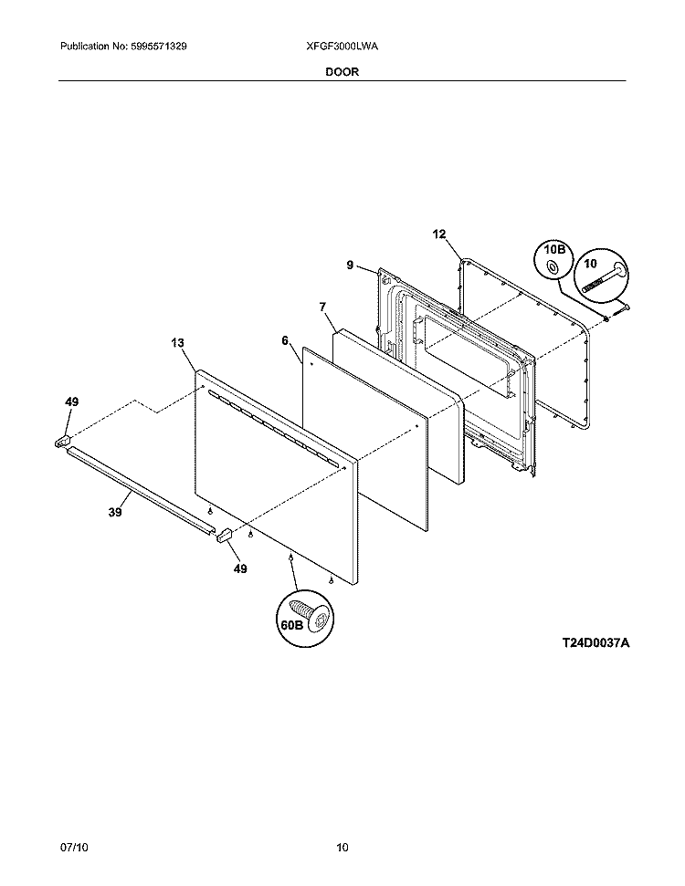 DOOR Diagram and Parts List for XFGF3000LWA  Frigidaire Range