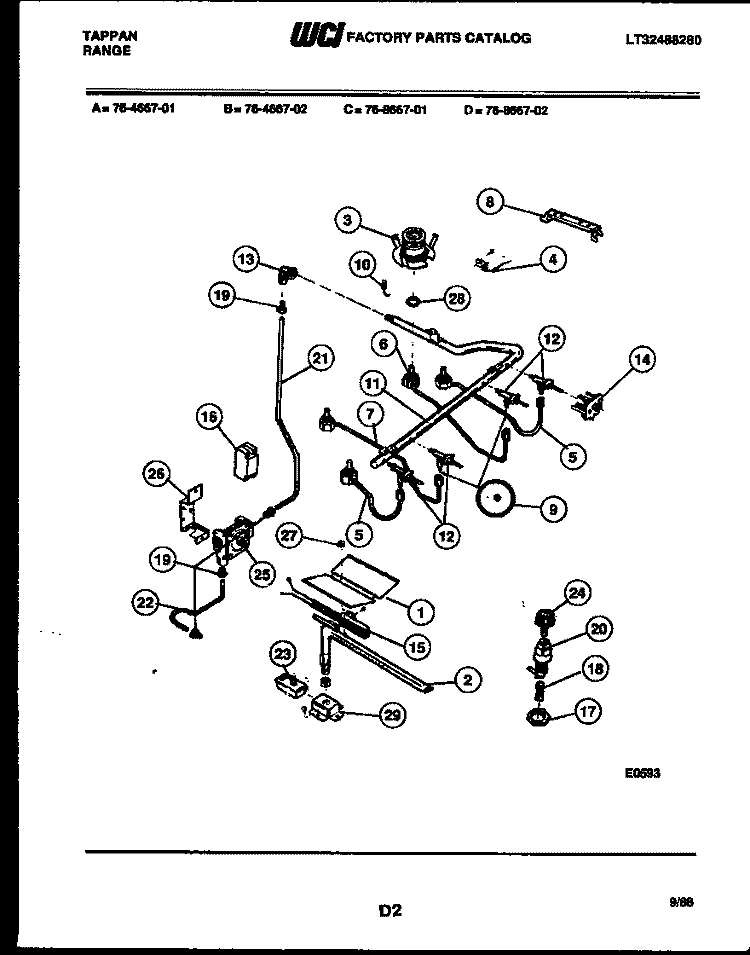 BURNER PARTS Diagram and Parts List for 76-4667-00-02  Tappan Microwave Oven Combo