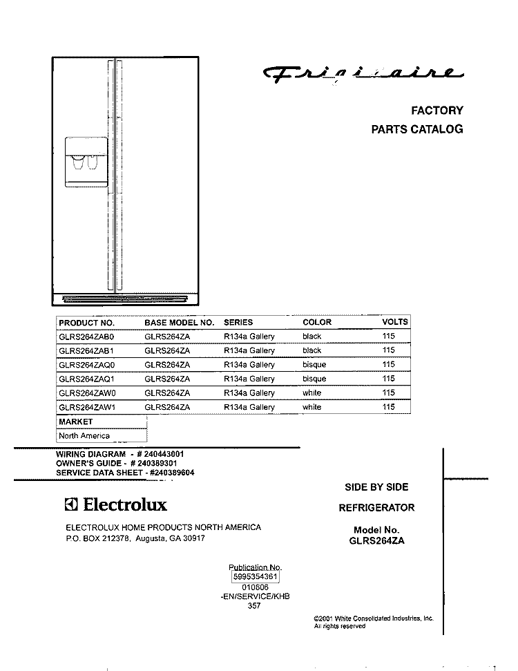 COVER Diagram and Parts List for GLRS264ZAW1  Frigidaire Refrigerator