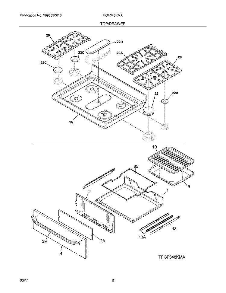 TOP/DRAWER Diagram and Parts List for FGF348KMA  Frigidaire Range