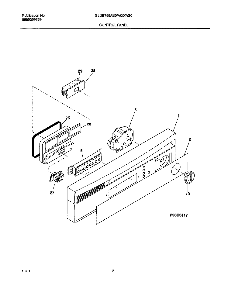 CONTROL PANEL Diagram and Parts List for GLDB756AB0  Frigidaire Dishwasher