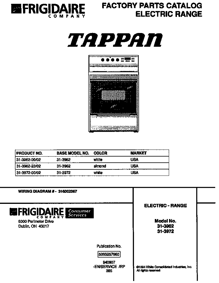 ELECTRIC RANGE Diagram and Parts List for 31-3962-23-02  Tappan Range