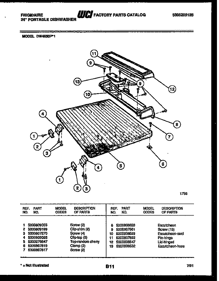 TOP AND MISCELLANEOUS PARTS Diagram and Parts List for DW4650PW1  Frigidaire Dishwasher