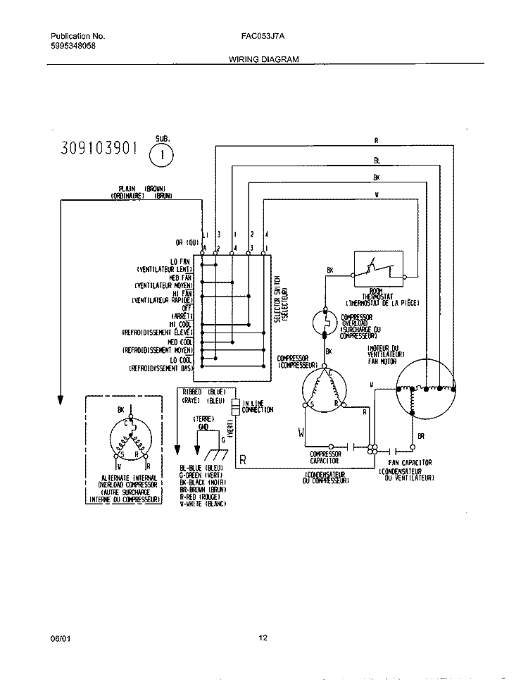 WIRING Diagram and Parts List for FAC053J7A4  Frigidaire Air Conditioner